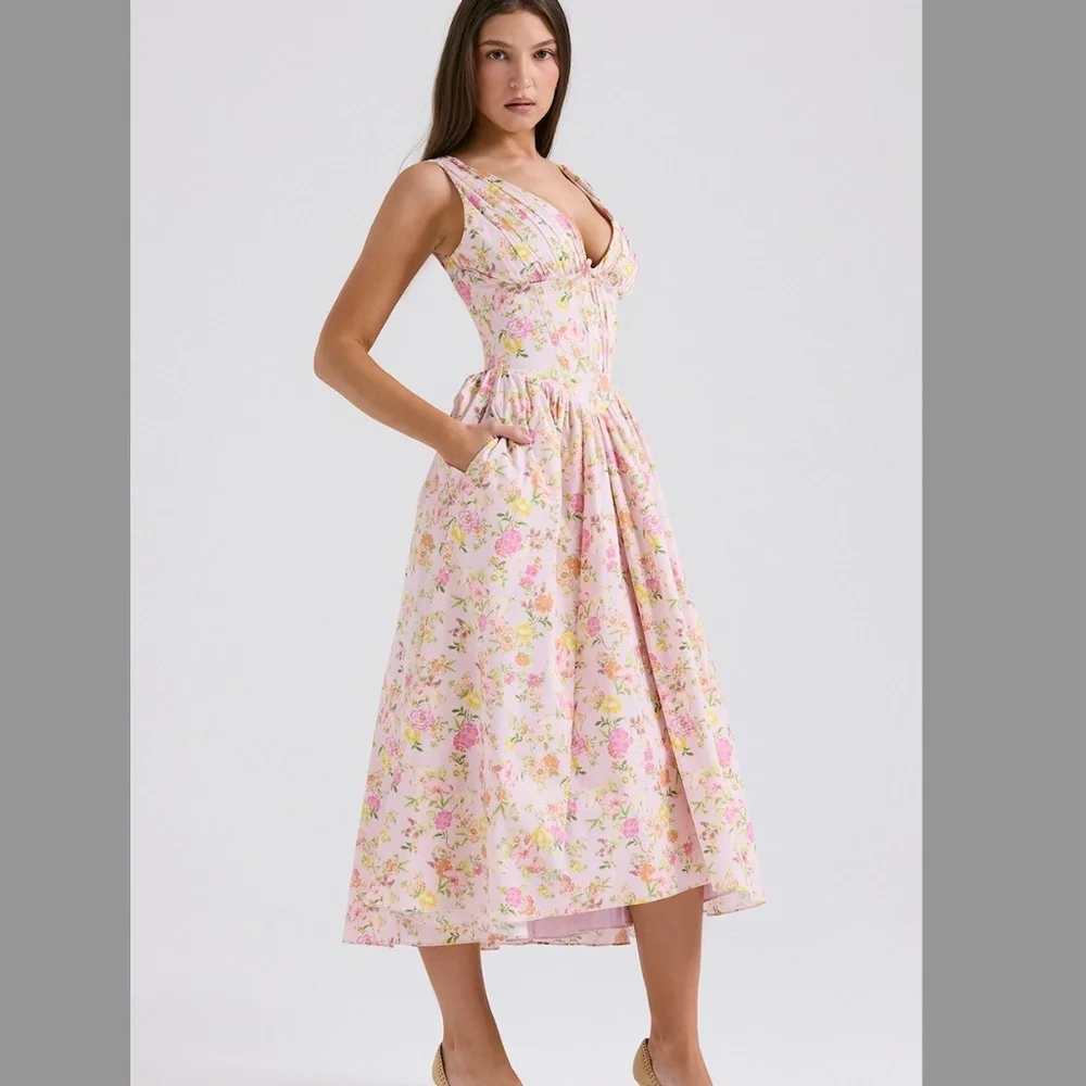 House of CB EMMELINA Pink Meadow Print Cotton Corset Sundress Plus Cup S / Small - Picture 2 of 5